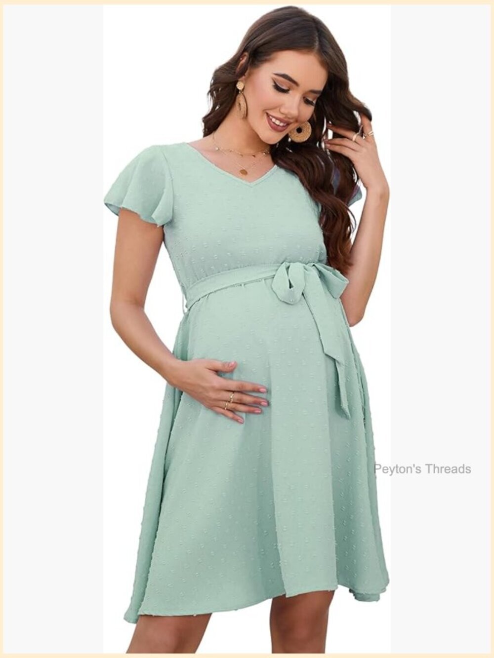 Swiss Dot Midi Dress V-Neck Short Sleeve Flowy Maternity Belt Photoshoot